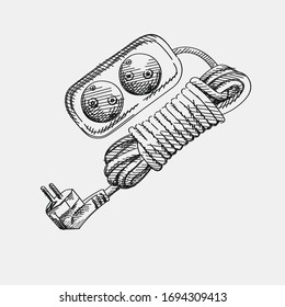 Hand-drawn sketch of 2 outlets extension cord. Electrical tool for energy. Tool for connection. Power and energy connection. Instruments for Electric Power