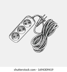 Dibujo hecho a mano de 3 tomas de cable de extensión. Herramienta eléctrica para energía. Herramienta de conexión. Conexión de energía y energía. Instrumentos de energía eléctrica