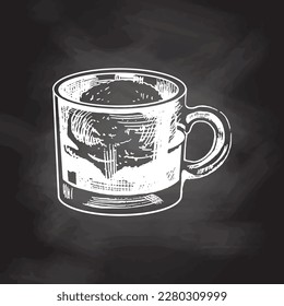 A hand-drawn sketch of affogato coffee with ice cream on a glass cup isolated on chalkboard background. Vintage illustration, doodle. Element for the design of labels, packaging and postcards.