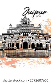 Hand-Drawn Sketch of Albert Hall Museum in Jaipur, India – Detailed Vector Illustration Textured Background for Travel and Tourism Design