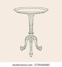 Hand-drawn sketch of an antique table in the Baroque or Rococo style. Vector illustration of retro furniture. Classic coffee table clipart. Vintage interior accessory.