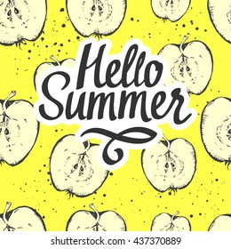 Hand-drawn sketch of apple. Seamless nature pattern on yellow background. Fresh organic food. Hello summer.
