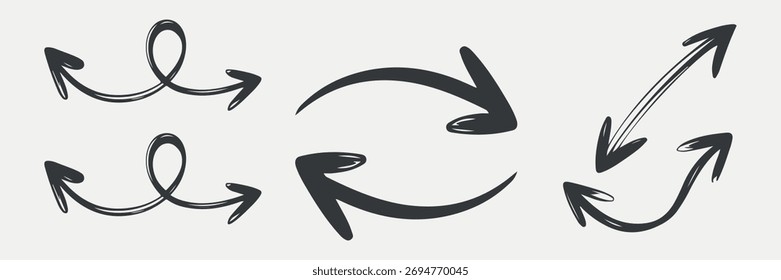 Hand-Drawn Sketch Arrow Collection - Set of Doodle Directional Symbols, featuring Looped, Curved, Diagonal, and Cycle Pointers. Editable stroke. Vector illustration