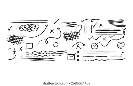 Setas de esboço desenhadas à mão, marcas de seleção e elementos de sublinhado definidos no plano de fundo branco