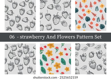 Hand-drawn sketch art strawberry and watercolor flower pattern vector illustration. Design artistic element for card, print, template, wallpaper, texture