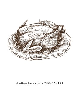 Hand-drawn sketch of baked turkey, chicken with rosemary, berries and lemon. Vector food drawing. Traditional Christmas, Halloween food. Illustration for packaging, label, recipe, menu. 