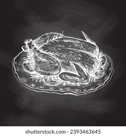 Hand-drawn sketch of baked turkey, chicken with rosemary, berries and lemon on chalkboard background. Vector. Traditional Christmas, Halloween food. Illustration for packaging, label, recipe, menu. 