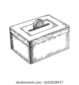 Um esboço desenhado à mão de uma urna com uma fenda de moeda no topo. A caixa é retangular com um design simples, simbolizando o voto e a democracia.