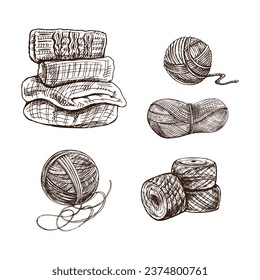 Hand-drawn sketch of balls of yarn, wool, knitted goods. Knitwear, handmade, knitting equipment concept in vintage doodle style. Engraving style.