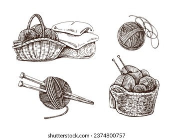 Hand-drawn sketch of basket with balls of yarn, wool, knitted goods. Knitwear, handmade, knitting equipment concept in vintage doodle style. Engraving style.