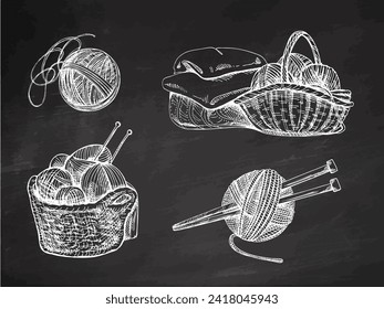 Hand-drawn sketch of basket with balls of yarn, wool, knitted goods on chalkboard background. Knitwear, handmade, knitting equipment concept in vintage doodle style. Engraving style.