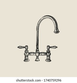 Hand-drawn sketch of bathroom faucet on a white background. Bathroom appliances. Bathroom equipment