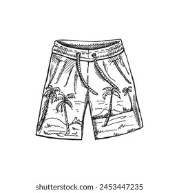 Dibujado a mano boceto de pantalones cortos de playa. Accesorio de verano aislado sobre fondo blanco. Antiguas Ilustración vectorial en estilo de grabado.