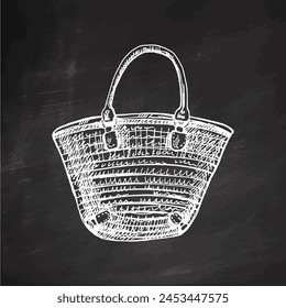 Hand-drawn sketch of beach wicker bag. Summer accessory isolated on chalkboard background. Vintage vector illustration in engraving style. 