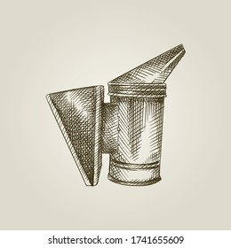Hand-drawn sketch beekeeping tools. Bee smoker on vintage background. Honeybees. Beekeeping and harvesting honey