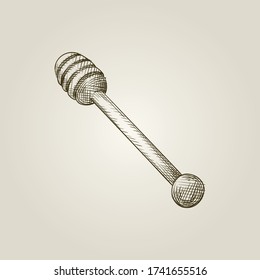 Hand-drawn sketch beekeeping tools. Wooden spoon for honey on vintage background. Honeybees. Beekeeping and harvesting honey