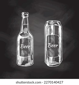 Hand-drawn sketch of  beer can and bottle isolated on chalkboard  background, white drawing. 	Vector vintage engraved illustration.