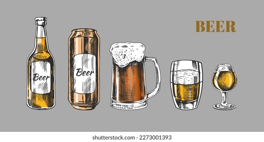 Esbozo hecho a mano de lata de cerveza, botella de cerveza, gafas de cerveza y tazas de cerveza aisladas en fondo blanco. Ilustración grabada vectorial	