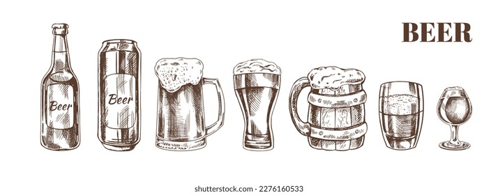 Hand-drawn sketch of beer can, beer bottle, beer glasses and beer glass and wooden mugs isolated on white background. Vector vintage engraved illustration	