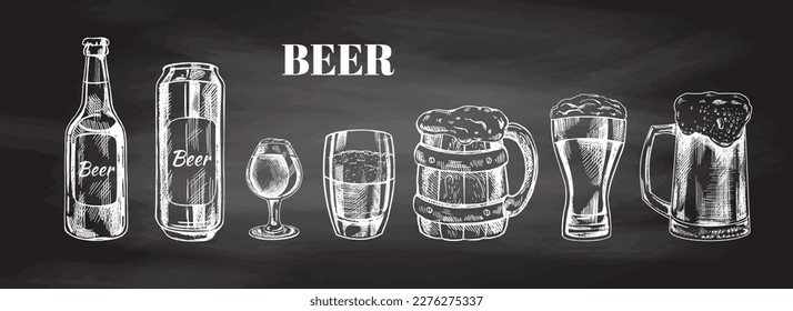 Hand-drawn sketch of  beer can, beer bottle, beer glasses and beer glass and wooden mugs isolated on chalkboard background, white drawing. Set. Vector vintage engraved illustration.	