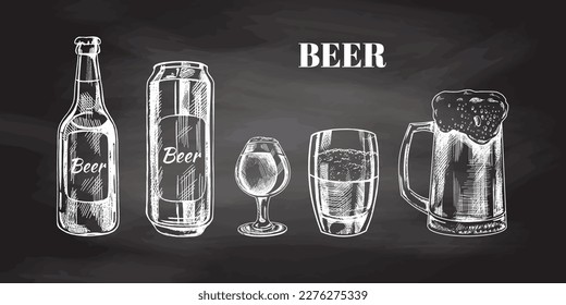 Hand-drawn sketch of beer can, beer bottle, beer glasses and beer mug  isolated on chalkboard background, white drawing. Set. Vector vintage engraved illustration.	