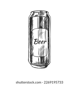 Hand-drawn sketch of beer can isolated on white background. Vector vintage engraved illustration.