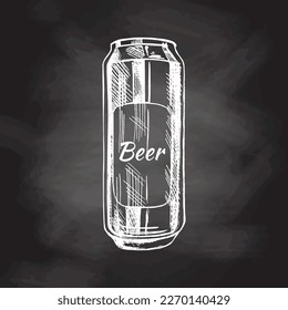 Hand-drawn sketch of beer can  isolated on chalkboard  background, white drawing. 	Vector vintage engraved illustration.