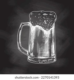 Hand-drawn sketch of beer mug  isolated on chalkboard  background, white drawing. 	Vector vintage engraved illustration.