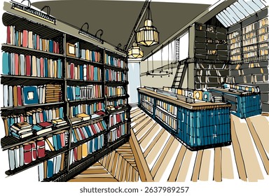 Hand-Drawn Sketch of a Bookstore. Reading Hobby and Business Concept. Handmade Vector Illustration, Not AI