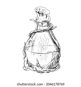 Un boceto hecho a mano de una botella con una poción mágica. Ilustración vectorial. Dibujo con una pluma de tinta. Ilustración vectorial de Halloween.