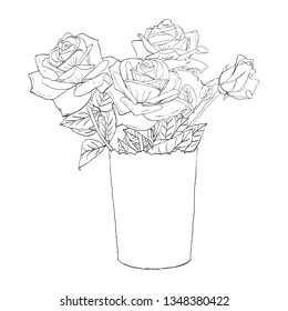 Hand-drawn sketch of a bouquet of roses in a vase. Flowers pattern ideas for painting. Vector illustration.