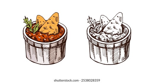 Boceto dibujado a mano de un tazón con guacamole, nachos y hojas de perejil. Dibujo de Antiguas. Ilustración de boceto de alimentos de contorno de tinta negra de Vector. Comida mexicana, cocina. Una ilustración para el menú. 