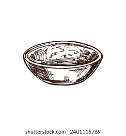 Hand-drawn sketch of bowl with guacamole, salsa sauce. Vintage drawing. Vector black ink outline food sketch illustration. Mexican food, cuisine. An illustration for the menu. Latin America.