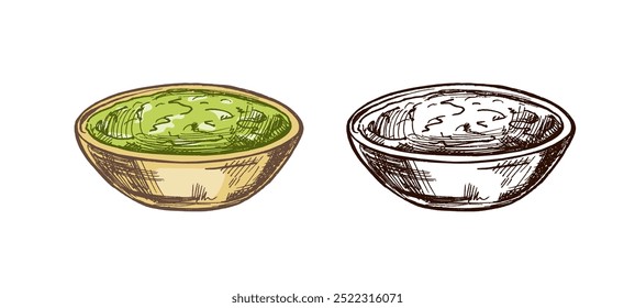 Handgezeichnete Skizze der Schüssel mit Guacamole, Salsa-Sauce. Vintage-Zeichnung. Vektorgrafik mit schwarzer Tinte umreißt Lebensmittel-Skizze. Mexikanische Küche. Eine Abbildung des Menüs. Lateinamerika.