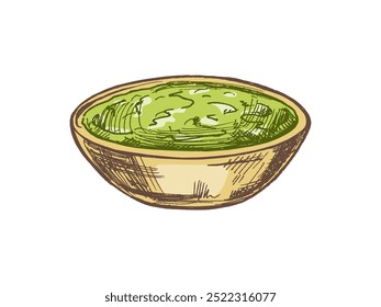 Handgezeichnete Skizze der Schüssel mit Guacamole, Salsa-Sauce. Vintage-Zeichnung. Vektorgrafik mit schwarzer Tinte umreißt Lebensmittel-Skizze. Mexikanische Küche. Eine Abbildung des Menüs. Lateinamerika.