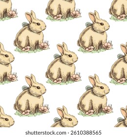 A hand-drawn sketch of  bunny. Easter Holiday.  Vector illustration. Rabbit with a bow in grass and flowers. Drawing isolated on white background. Vintage element.