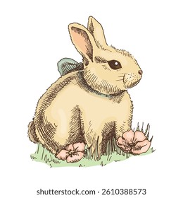 A hand-drawn sketch of  bunny. Easter Holiday.  Vector illustration. Rabbit with a bow in grass and flowers. Drawing isolated on white background. Vintage element.