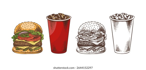 Esboço desenhado à mão de hambúrguer, xícara de papel de cola com gelo, isolado. Ilustração monocromática da safra de junk food. Ótimo para cartaz, cartaz ou fundo de restaurante.