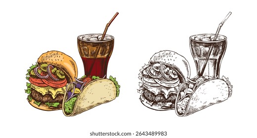 Esboço desenhado à mão de hambúrguer, taco e vidro de cola, isolado. Ilustração monocromática da safra de junk food. Ótimo para cartaz, cartaz ou fundo de restaurante.