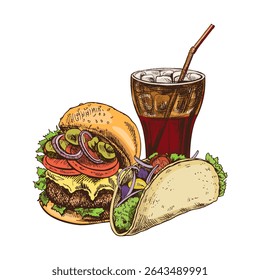 Esboço desenhado à mão de hambúrguer, taco e vidro de cola, isolado. Ilustração monocromática da safra de junk food. Ótimo para cartaz, cartaz ou fundo de restaurante.