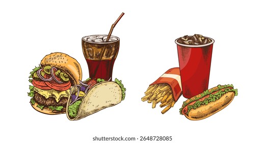Esboço desenhado à mão de hambúrguer, taco e vidro de cola, isolado. Ilustração monocromática da safra de junk food. Ótimo para cartaz, cartaz ou fundo de restaurante.