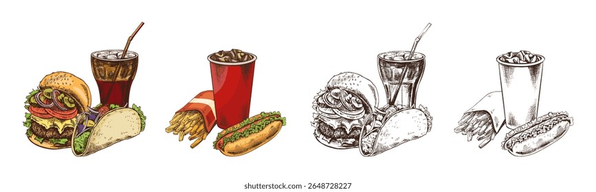 Esboço desenhado à mão de hambúrguer, taco e vidro de cola, isolado. Ilustração monocromática da safra de junk food. Ótimo para cartaz, cartaz ou fundo de restaurante.