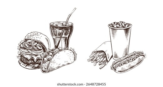 Esboço desenhado à mão de hambúrguer, taco e vidro de cola, isolado. Ilustração monocromática da safra de junk food. Ótimo para cartaz, cartaz ou fundo de restaurante.