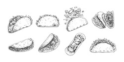 Hand-drawn Sketch Of Burritos And Tacos Set. Different Types Of Burritos And Tacos.  Vintage Illustration. Element For The Design Of Labels, Packaging And Postcards
