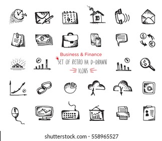Hand-drawn sketch Business and Finance web icon set. Vector illustrations Black on white background