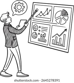 A hand-drawn sketch of a businessman giving a presentation. He points to a dashboard filled with charts and graphs, while a gear icon in a speech bubble symbolizes strategy and analysis.