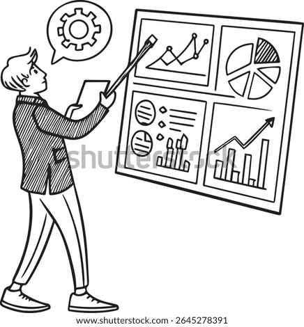 A hand-drawn sketch of a businessman giving a presentation. He points to a dashboard filled with charts and graphs, while a gear icon in a speech bubble symbolizes strategy and analysis.