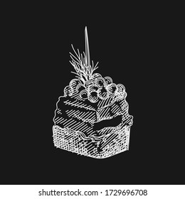 Hand-drawn sketch of canape. Caviar, salmon, cheese cream and bread on a toothpick	