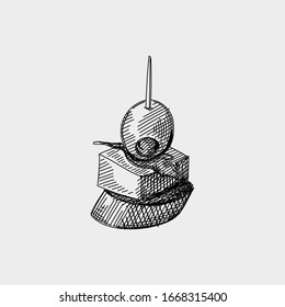 Hand-drawn sketch of canape. Olive, cheese and cucumber on a toothpick