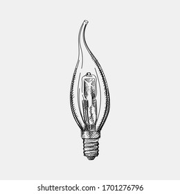 Hand-drawn sketch of a candle angular ligh bulb. Incandescent light bulb, incandescent lamp or incandescent light globe. 